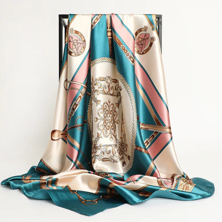 Big square silk handkerchief scarf styled as a shawl or fashionable hair wrap for wome