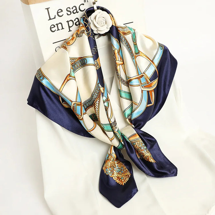 Big square silk handkerchief scarf styled as a shawl or fashionable hair wrap for wome