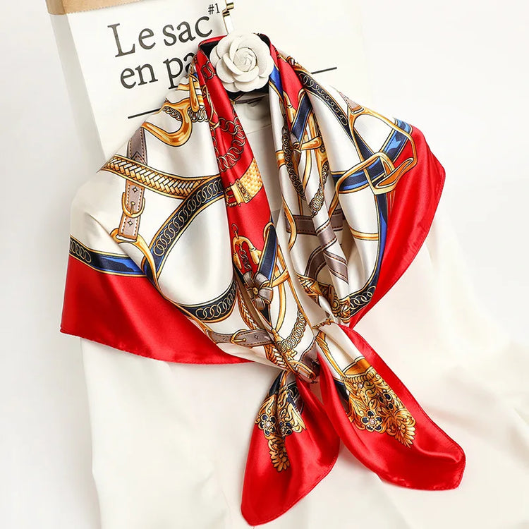 Big square silk handkerchief scarf styled as a shawl or fashionable hair wrap for wome