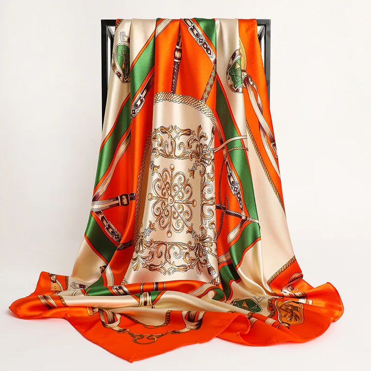 Big square silk handkerchief scarf styled as a shawl or fashionable hair wrap for wome