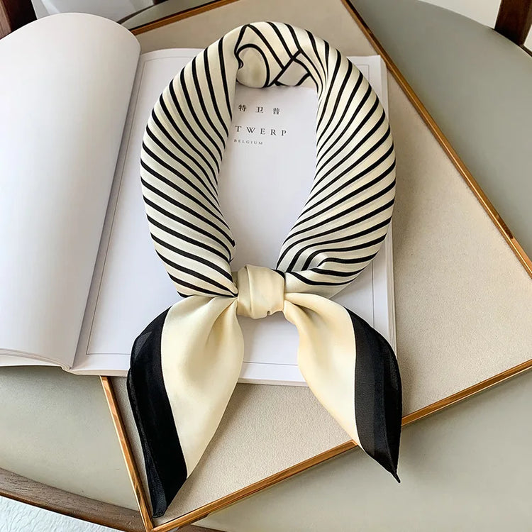 Luxury brand silk plaid square scarf for women, styled as a neck or hair tie