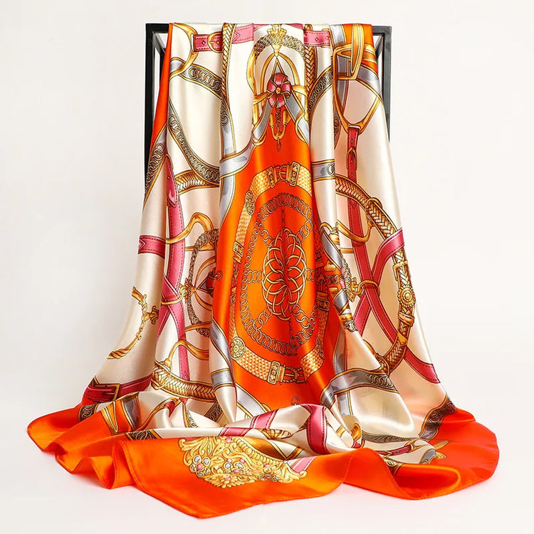 Big square silk handkerchief scarf styled as a shawl or fashionable hair wrap for wome
