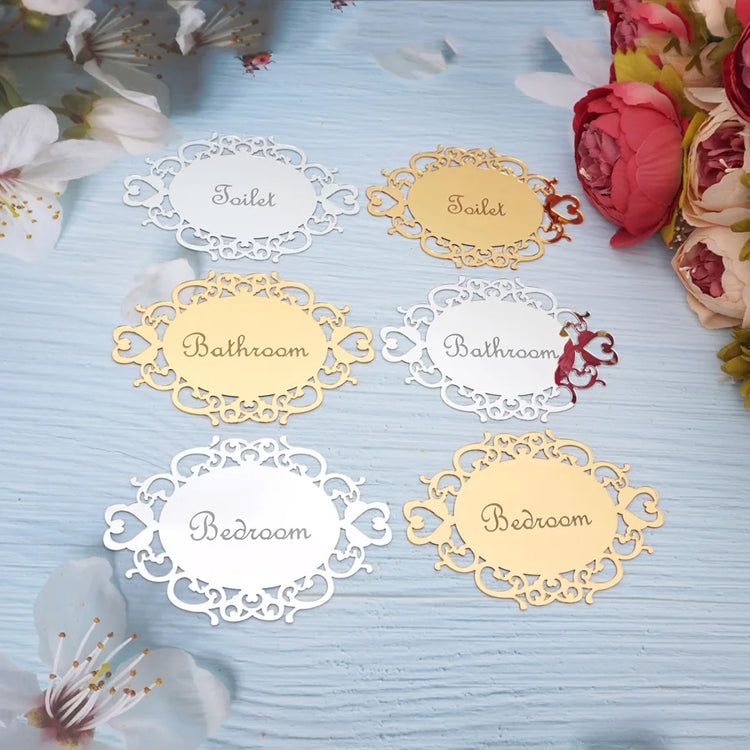 Decorative oval mirror sticker for door signage in bedroom or bath