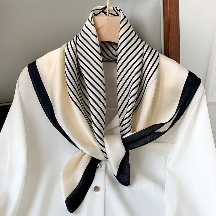 Luxury brand silk plaid square scarf for women, styled as a neck or hair tie
