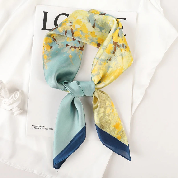 Luxury brand silk plaid square scarf for women, styled as a neck or hair tie