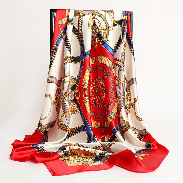 Big square silk handkerchief scarf styled as a shawl or fashionable hair wrap for wome