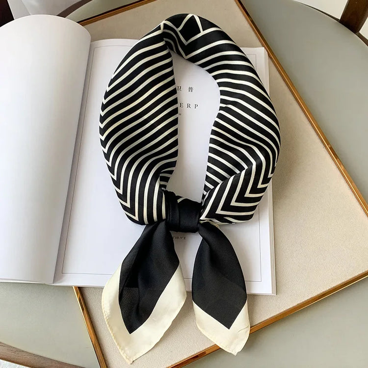 Luxury brand silk plaid square scarf for women, styled as a neck or hair tie
