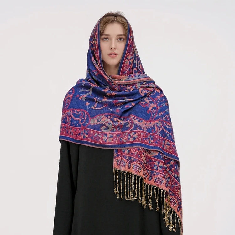 Soft and warm cashmere hijab with bohemian print, styled as a headscarf or wrap