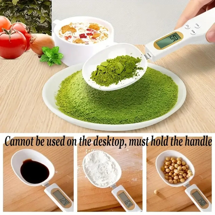 Electronic kitchen scale measuring 0.1–500g with detachable spoon