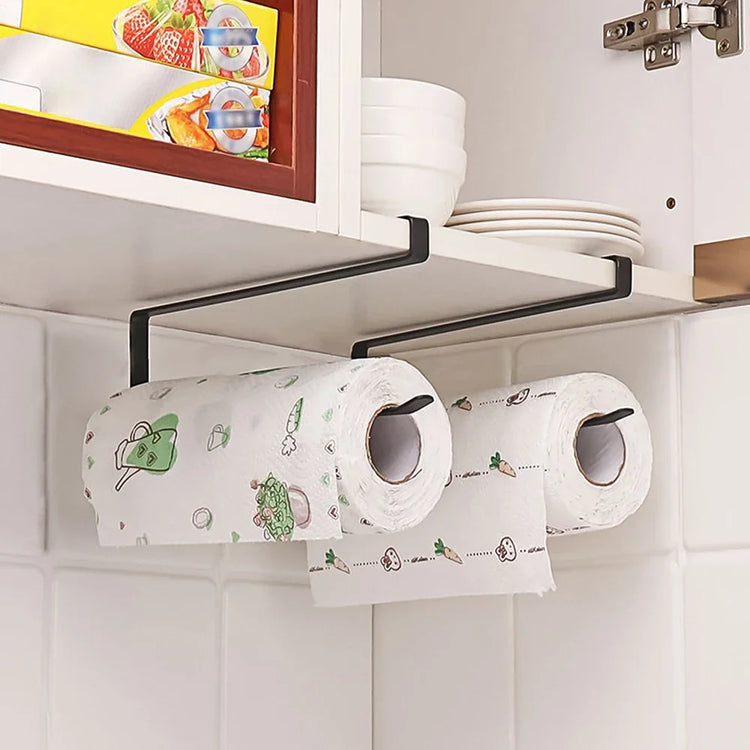Compact kitchen rack for organizing paper towels, plastic wrap, and rags