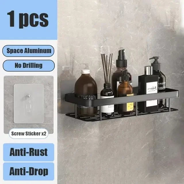 Waterproof aluminum shower shelf for organizing bath products without drilling