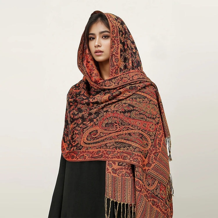 Soft and warm cashmere hijab with bohemian print, styled as a headscarf or wrap