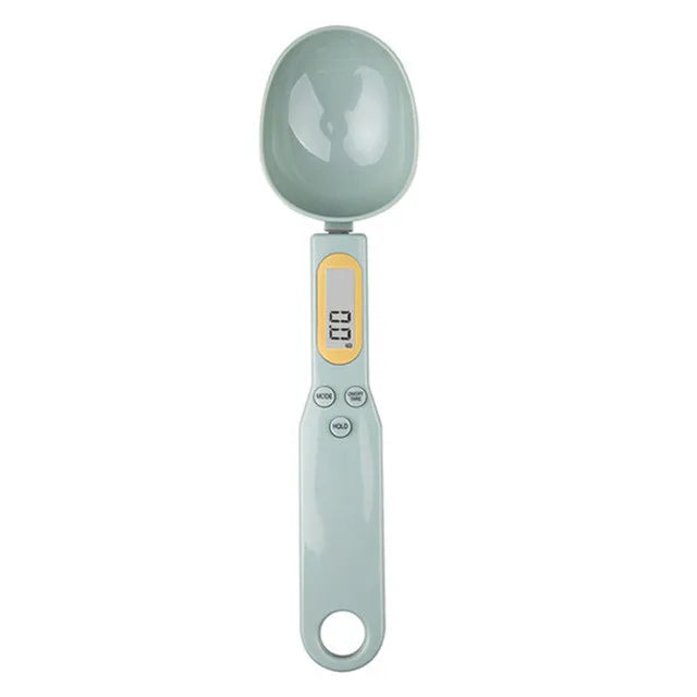 Electronic kitchen scale measuring 0.1–500g with detachable spoon