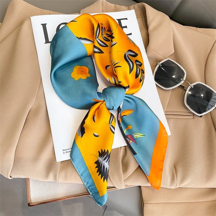 Luxury brand silk plaid square scarf for women, styled as a neck or hair tie