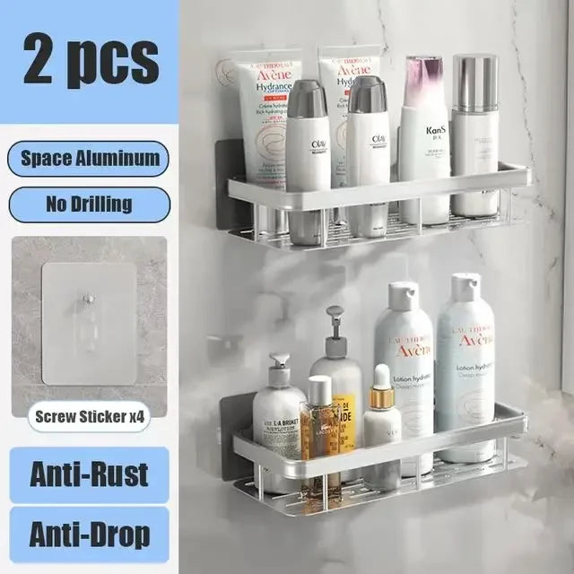 Waterproof aluminum shower shelf for organizing bath products without drilling