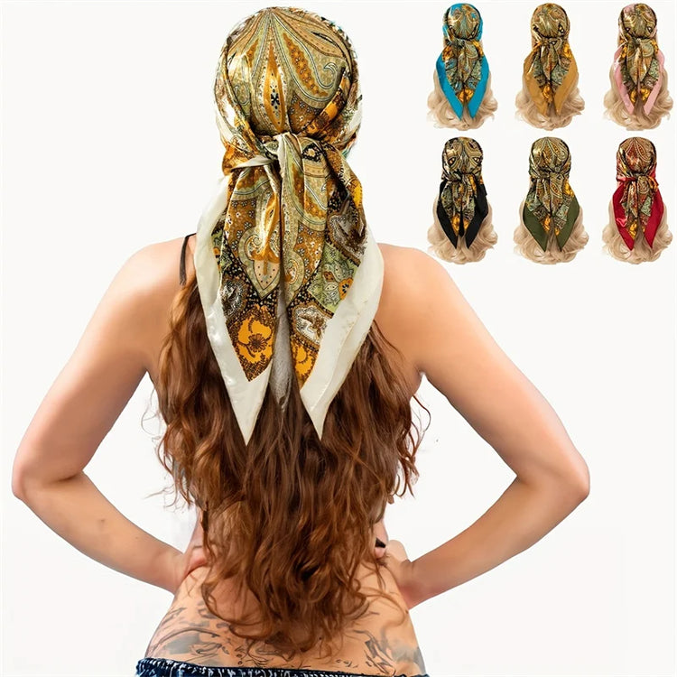Elegant paisley print scarf styled as a fashionable necktie or handbag accessory