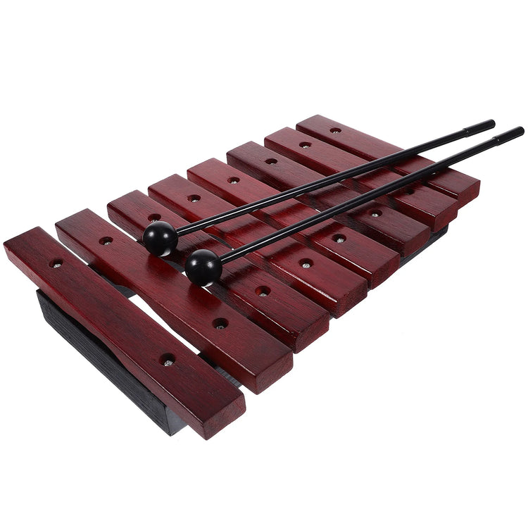 Children’s wooden xylophone featuring eight tuned metal bars and two wooden mallets