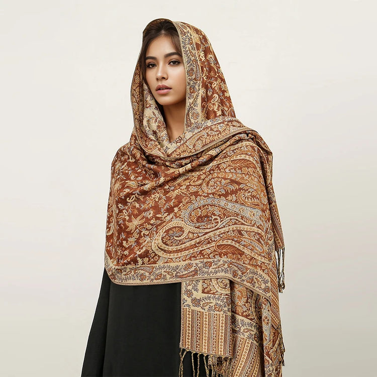 Soft and warm cashmere hijab with bohemian print, styled as a headscarf or wrap
