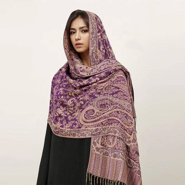 Soft and warm cashmere hijab with bohemian print, styled as a headscarf or wrap