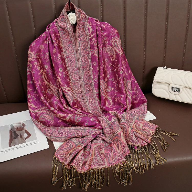 Soft and warm cashmere hijab with bohemian print, styled as a headscarf or wrap