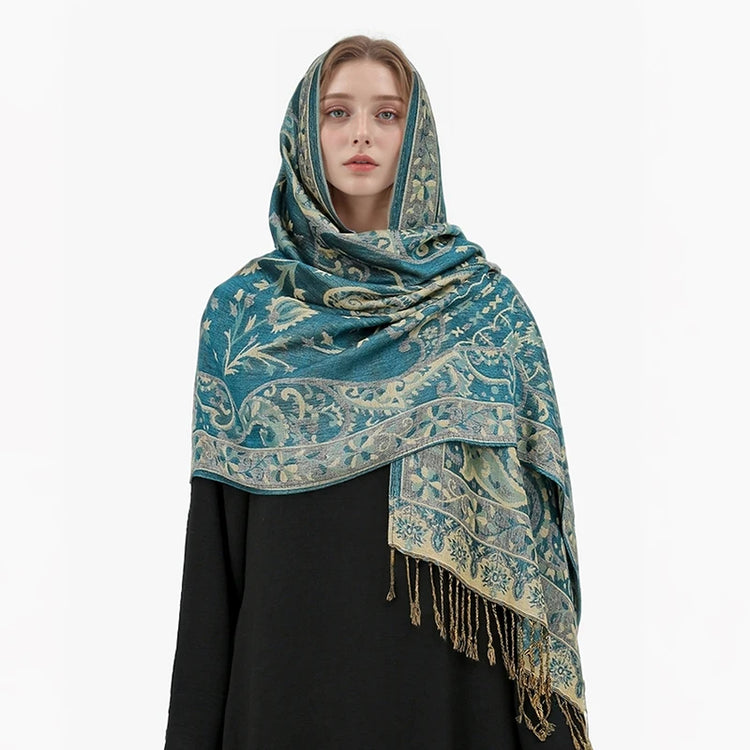 Soft and warm cashmere hijab with bohemian print, styled as a headscarf or wrap