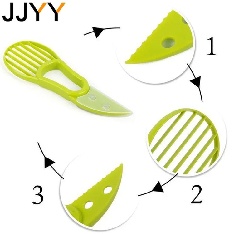 3-in-1 avocado slicer with serrated blade, pit remover, and fruit scooper