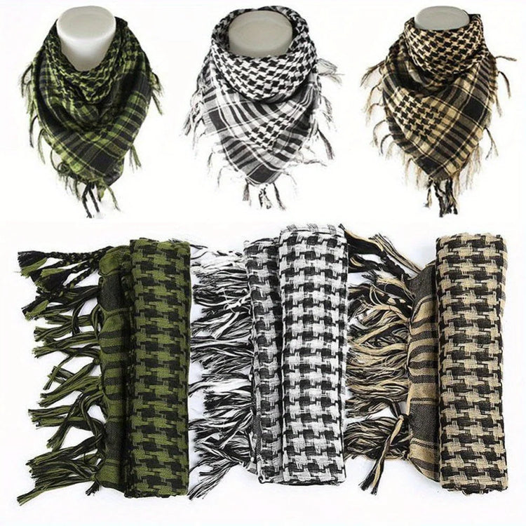 Arab shemagh scarf with traditional houndstooth pattern, styled as a face and neck wrap for sun protection