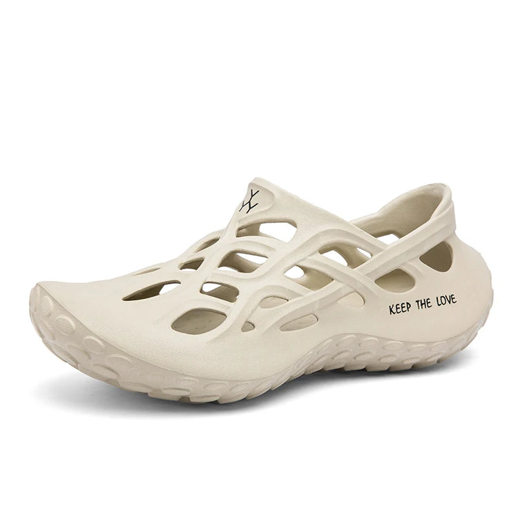 Men’s lightweight EVA clogs with ventilation holes in white, red, and blue