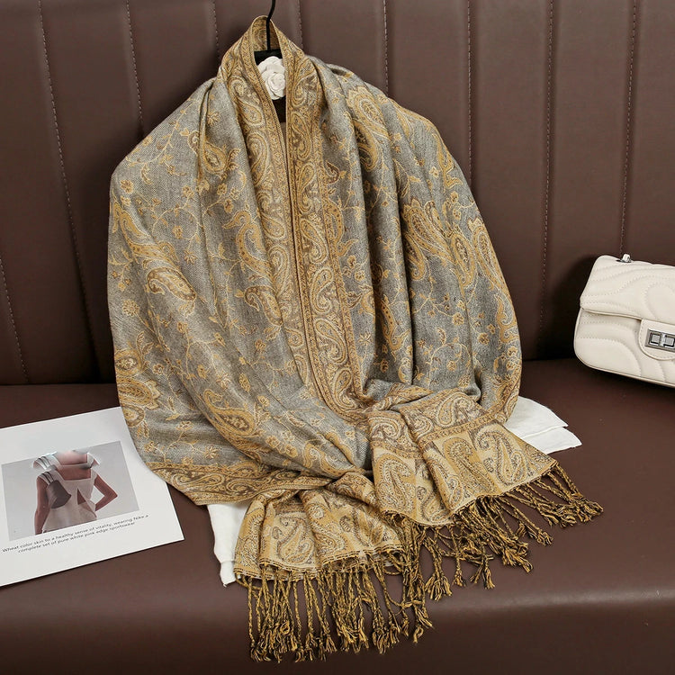Soft and warm cashmere hijab with bohemian print, styled as a headscarf or wrap