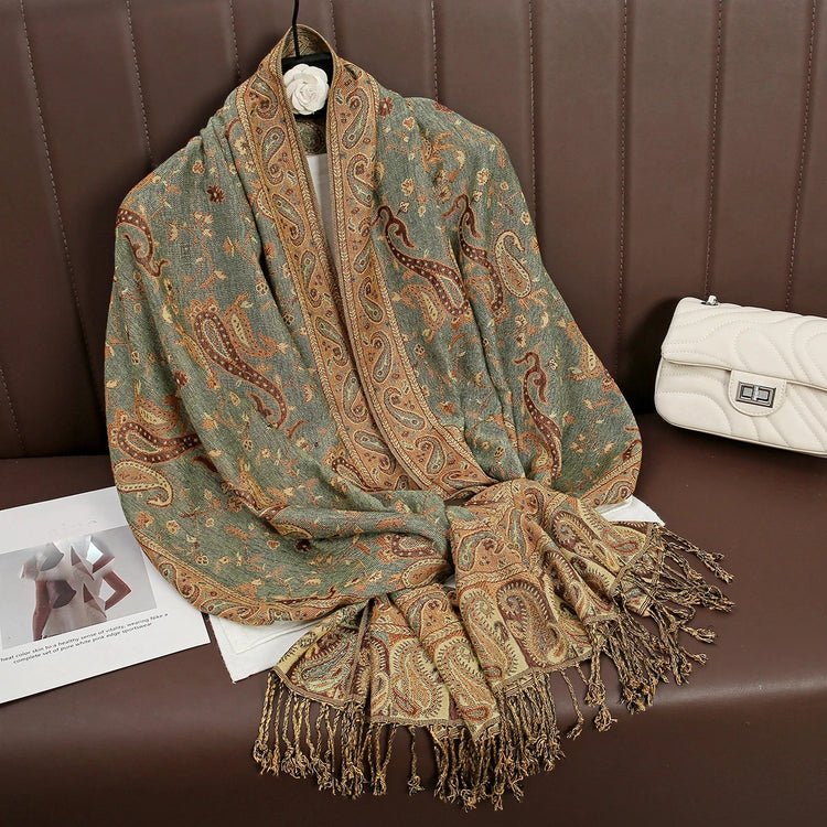 Soft and warm cashmere hijab with bohemian print, styled as a headscarf or wrap