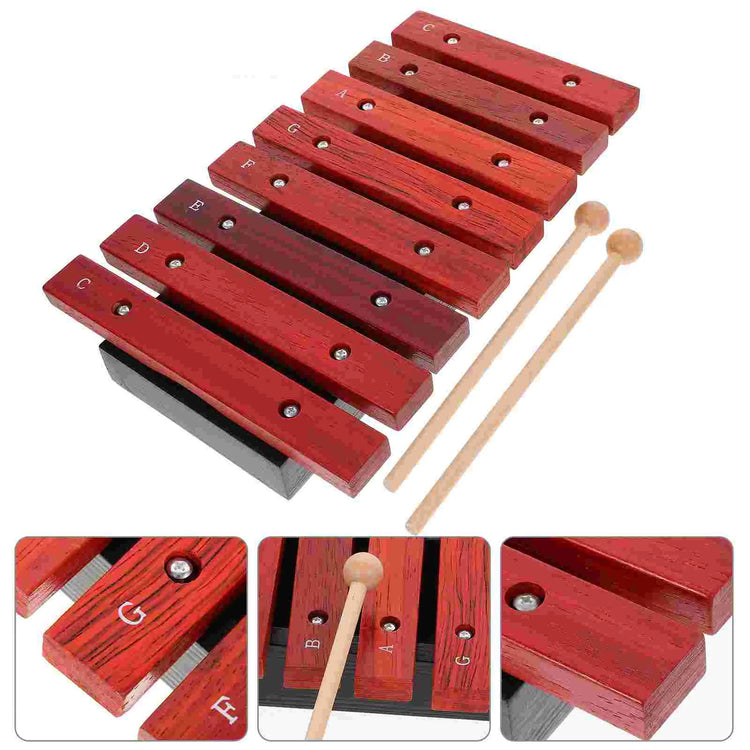 Children’s wooden xylophone featuring eight tuned metal bars and two wooden mallets