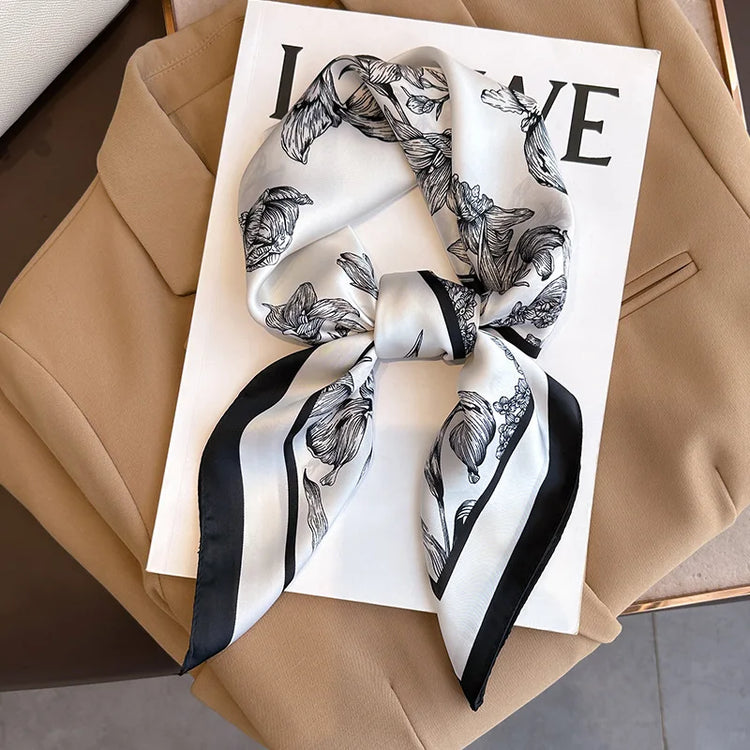 Luxury brand silk plaid square scarf for women, styled as a neck or hair tie