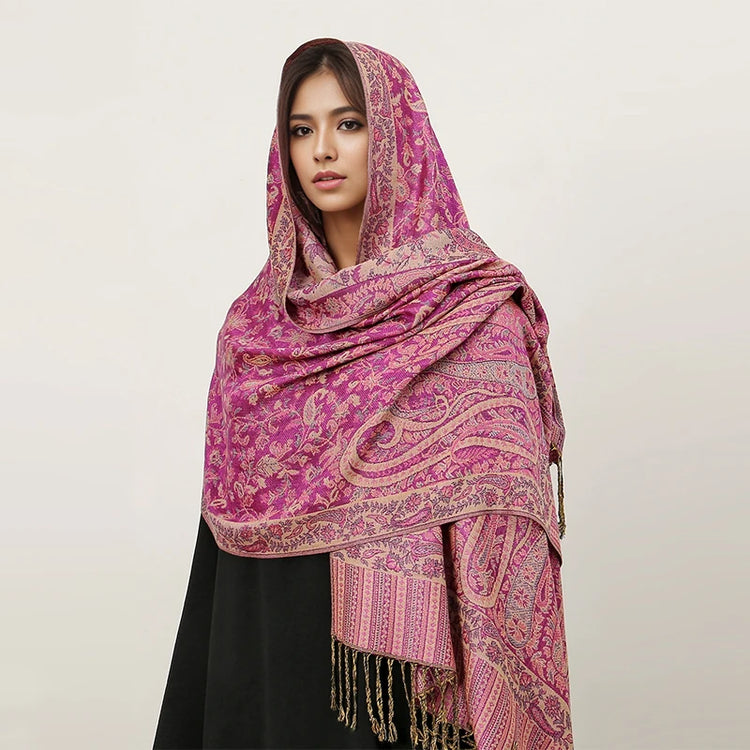 Soft and warm cashmere hijab with bohemian print, styled as a headscarf or wrap
