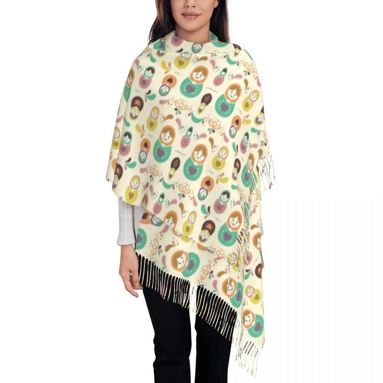 Soft and cozy scarf with colorful Matryoshka doll design