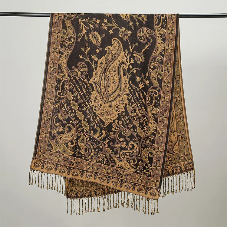 Soft and warm cashmere hijab with bohemian print, styled as a headscarf or wrap