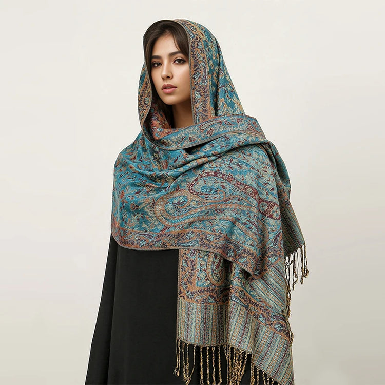 Soft and warm cashmere hijab with bohemian print, styled as a headscarf or wrap