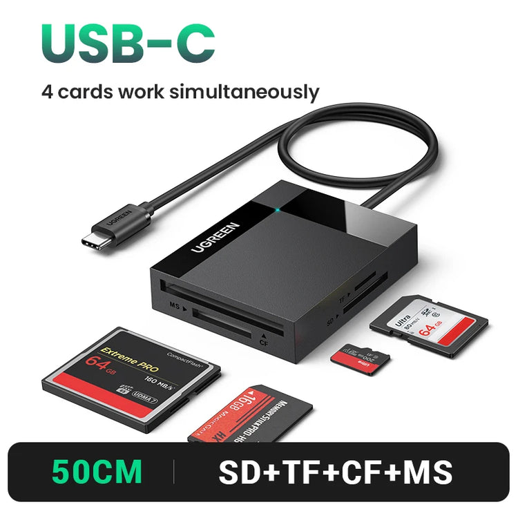 UGREEN 4-in-1 USB 3.0 and USB-C card reader for SD, Micro SD, CF, and MS cards