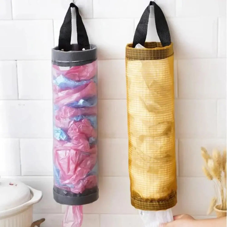 Hanging grey nylon bag holder for organizing plastic bags under cabinets or on walls