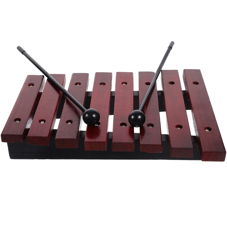 Children’s wooden xylophone featuring eight tuned metal bars and two wooden mallets