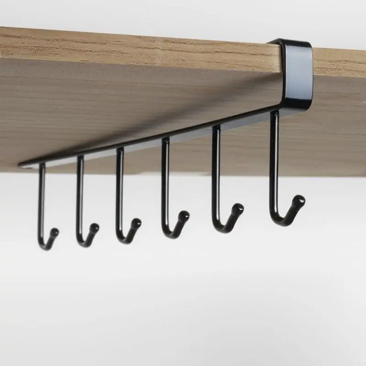 Space-saving coffee cup rack with six hooks for cabinet or shelf mounting