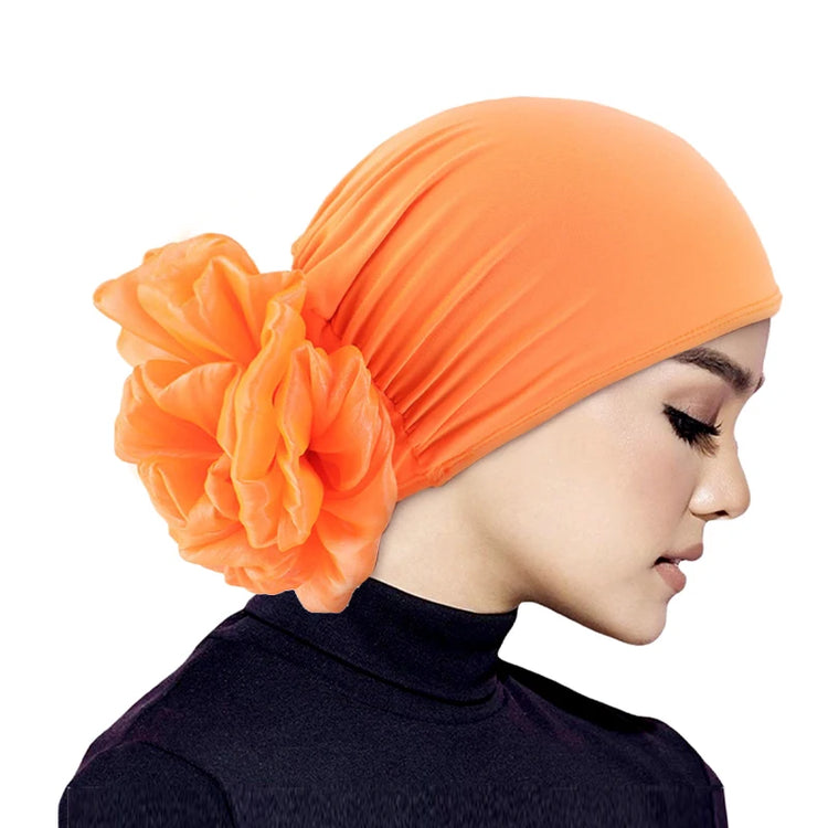 Elastic hair band turban for women, comfortable beanie style with flower accent