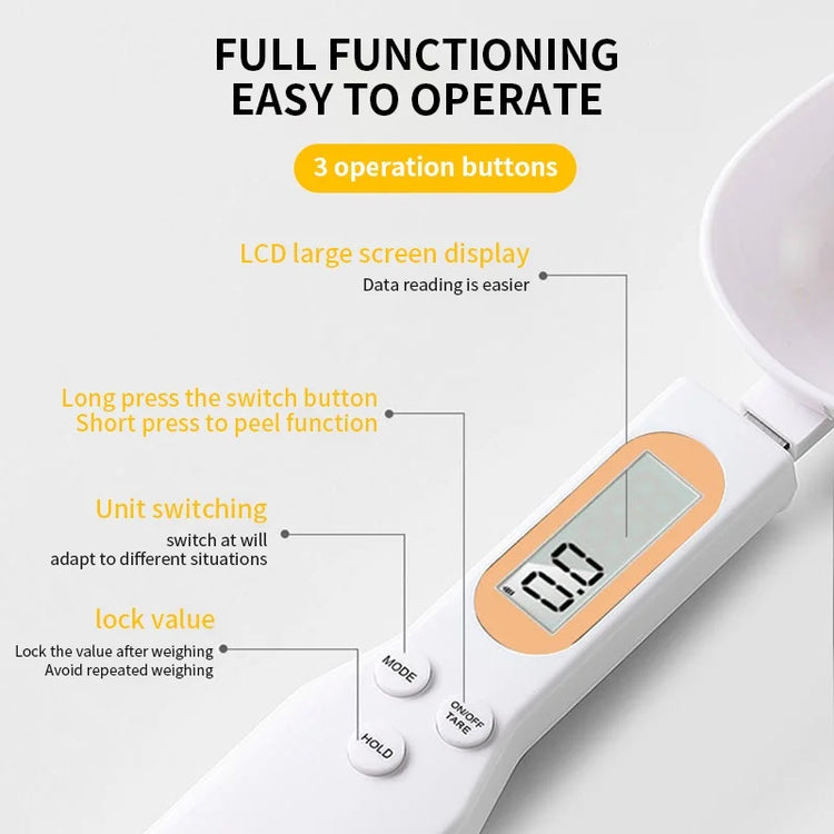 Electronic kitchen scale measuring 0.1–500g with detachable spoon
