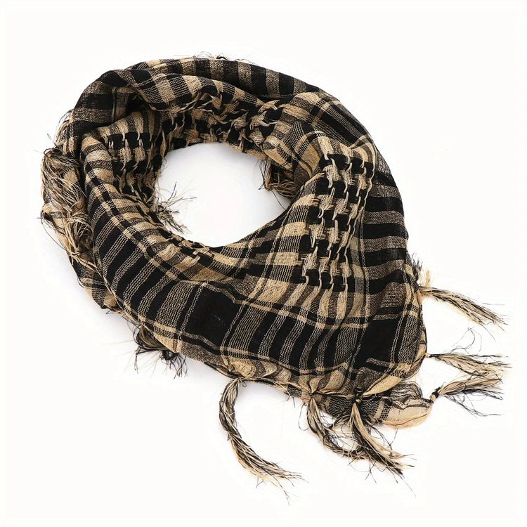 Arab shemagh scarf with traditional houndstooth pattern, styled as a face and neck wrap for sun protection