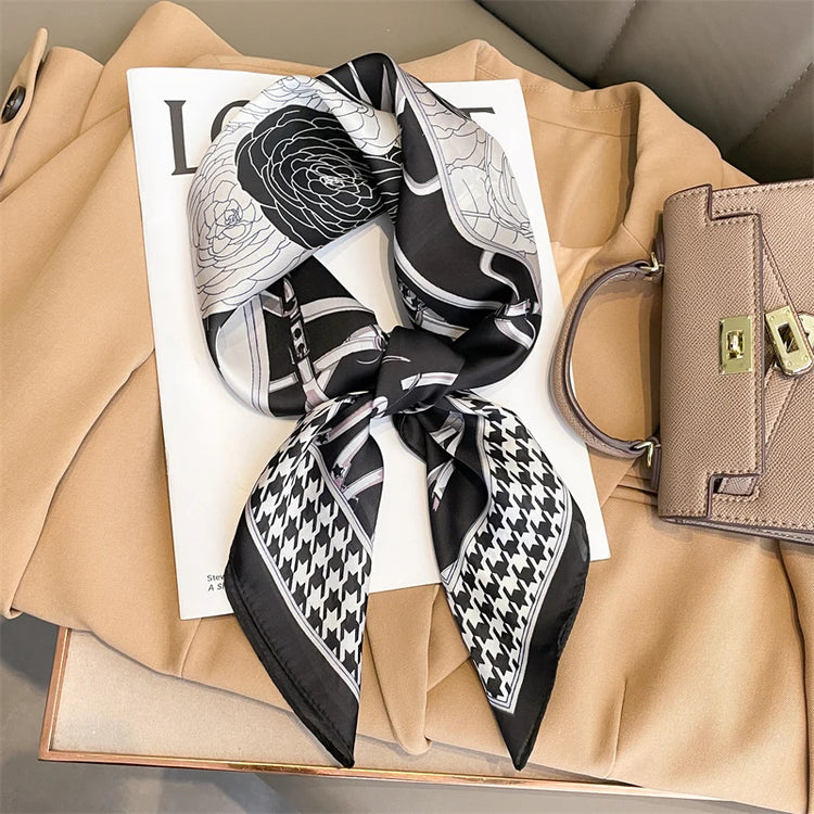 Luxury brand silk plaid square scarf for women, styled as a neck or hair tie
