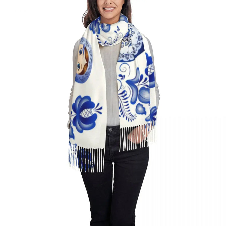 Soft and cozy scarf with colorful Matryoshka doll design