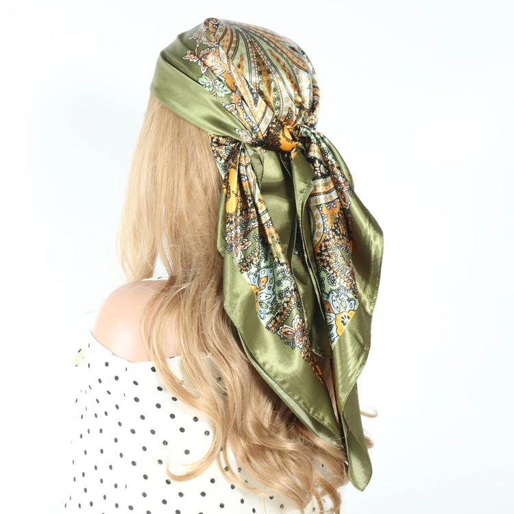 Luxury brand silk scarf for women, 90x90cm square, worn as a summer hijab or hair wrap