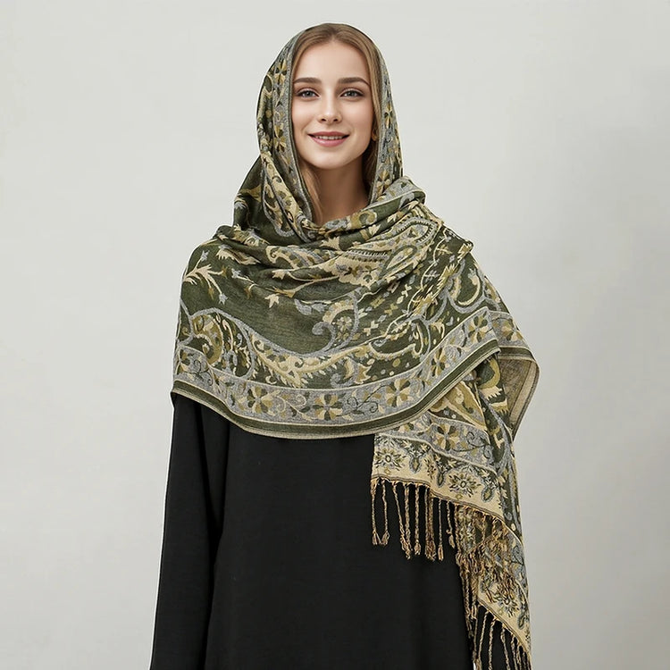 Soft and warm cashmere hijab with bohemian print, styled as a headscarf or wrap