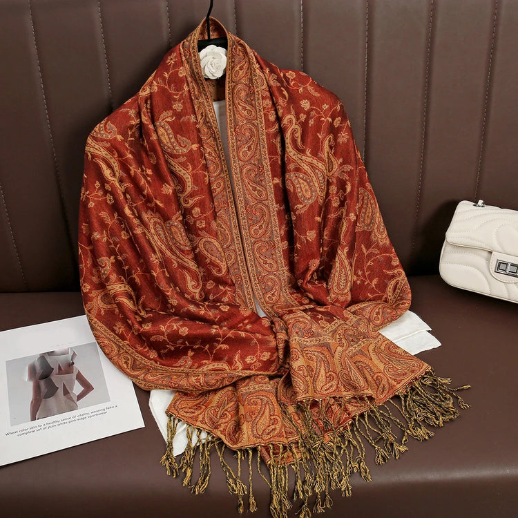 Soft and warm cashmere hijab with bohemian print, styled as a headscarf or wrap