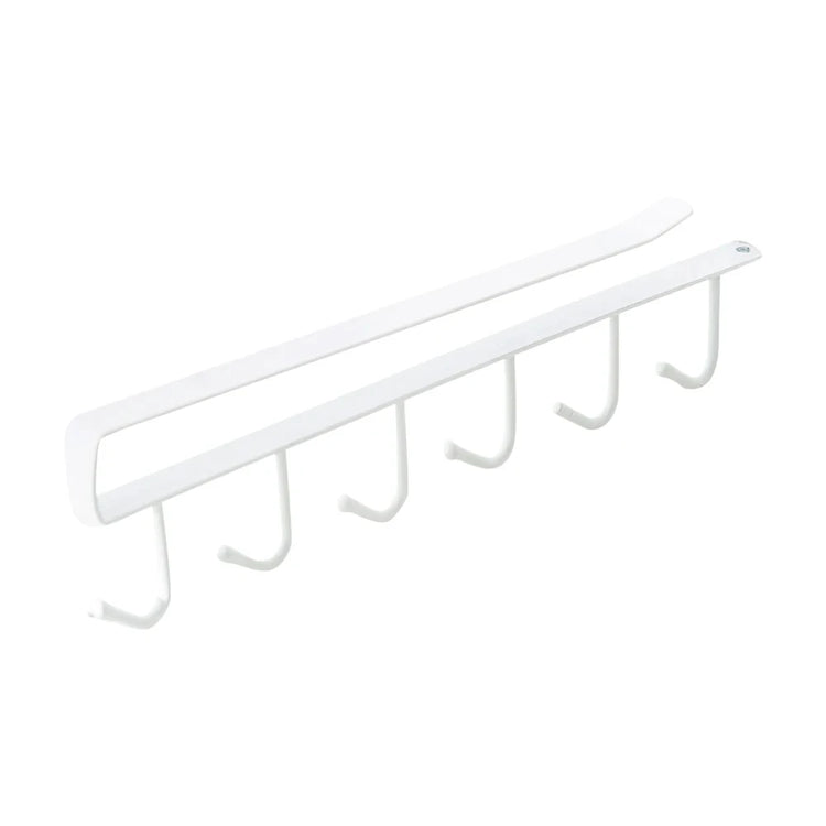 Space-saving coffee cup rack with six hooks for cabinet or shelf mounting