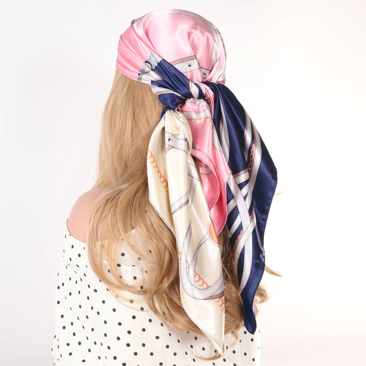 Luxury brand silk scarf for women, 90x90cm square, worn as a summer hijab or hair wrap
